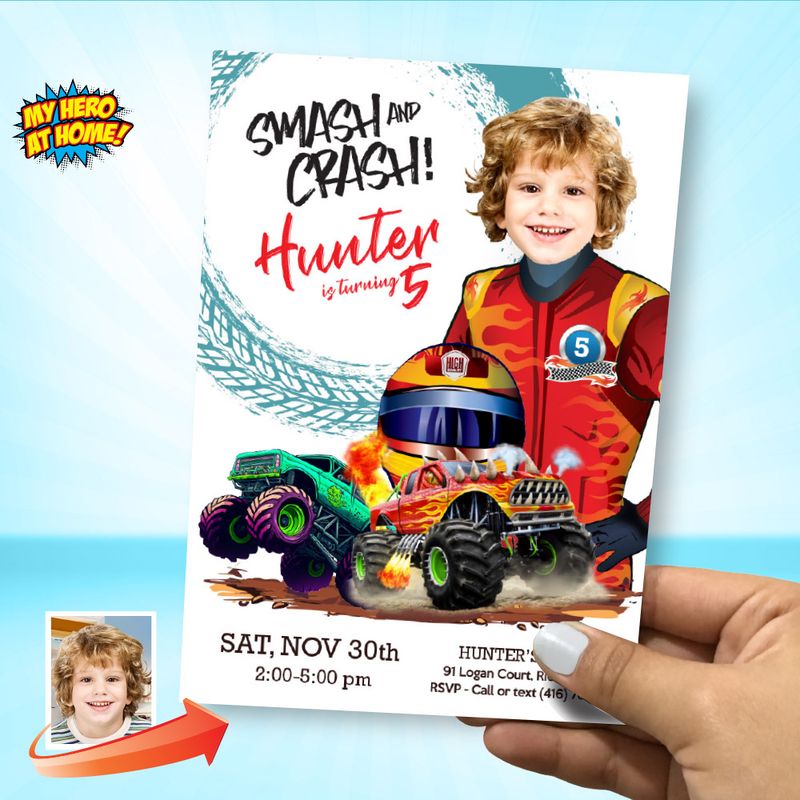 Monster Truck Smash and Crash Birthday Party Invitation with photo, Smash and Crash template, Monster Bash evite, Monster Jam flyer. 2021