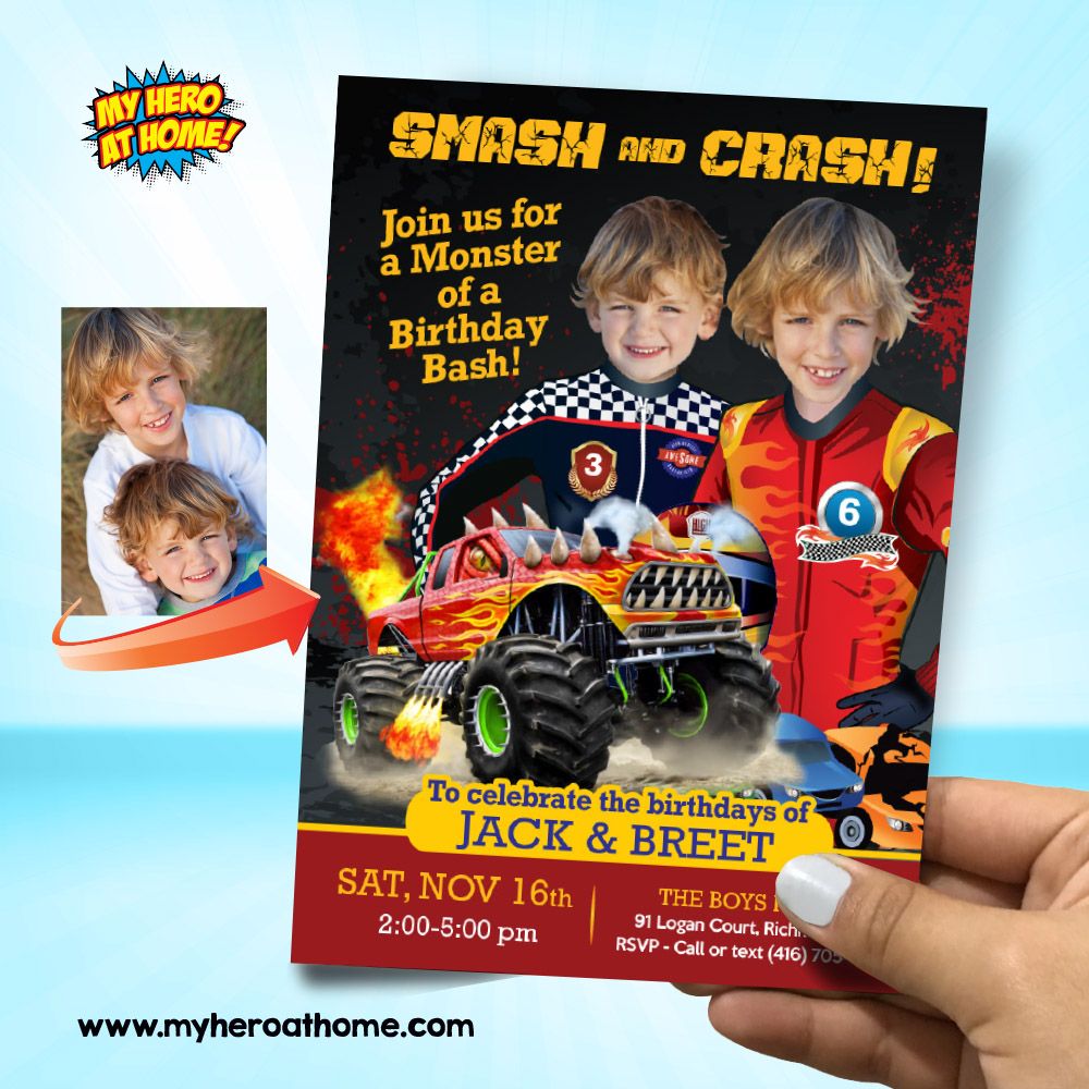 Joint Monsters Trucks Birthday Invitation with photos, Joint Monsters Trucks Digital Invitation, Siblings Monsters Trucks Party. 549