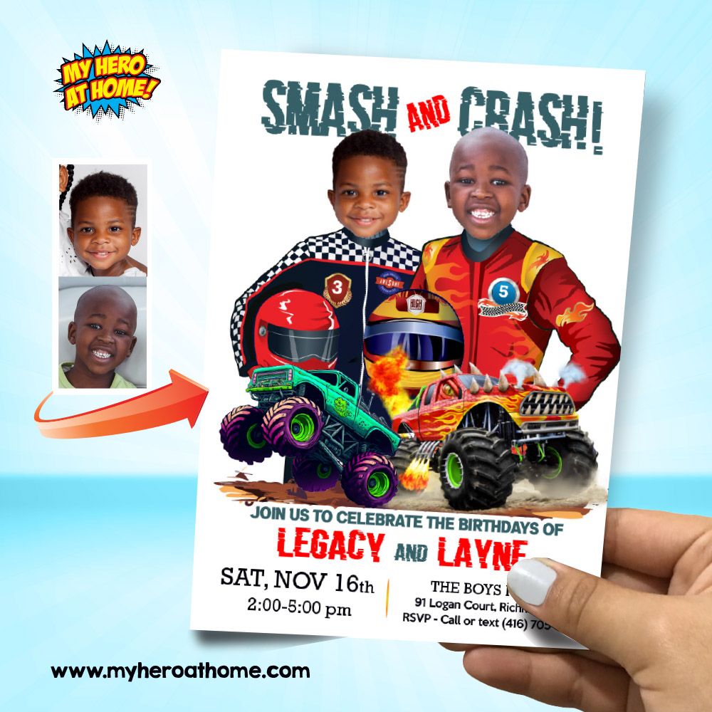 Joint Monster Truck Birthday Party Invitation with photos, Joint Monsters Trucks Invitation, Siblings Monsters Trucks Party Invite. 2023