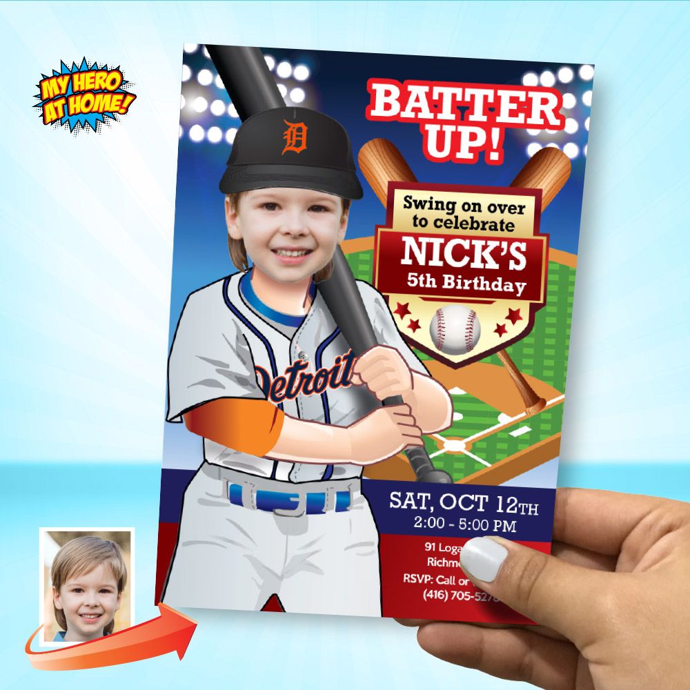 Detroit Tigers Birthday Party Invitation with photo, Detroit Tigers theme party, Detroit Tigers template with photo, Detroit Tigers Thank you tags. 2024
