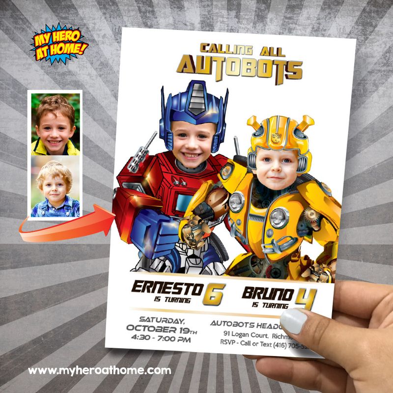 Joint Transformers Birthday Party Invitation with photos, Joint Autobots birthday invitation, Transformers Siblings party invitation. 2032