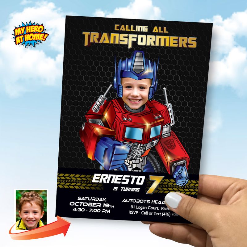 Optimus Prime Birthday Party template with photo, Optimus Prime online Invite, Optimus Prime digital, Prime Favor tags. 2028