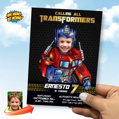 Optimus Prime Birthday Party template with photo, Optimus Prime online Invite, Optimus Prime digital, Prime Favor tags. 2028