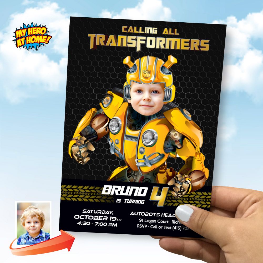 Bumblebee Birthday template with photo, Bumblebee e-invite, Bumblebee online Invite, Bumblebee Thank you labels. 2027