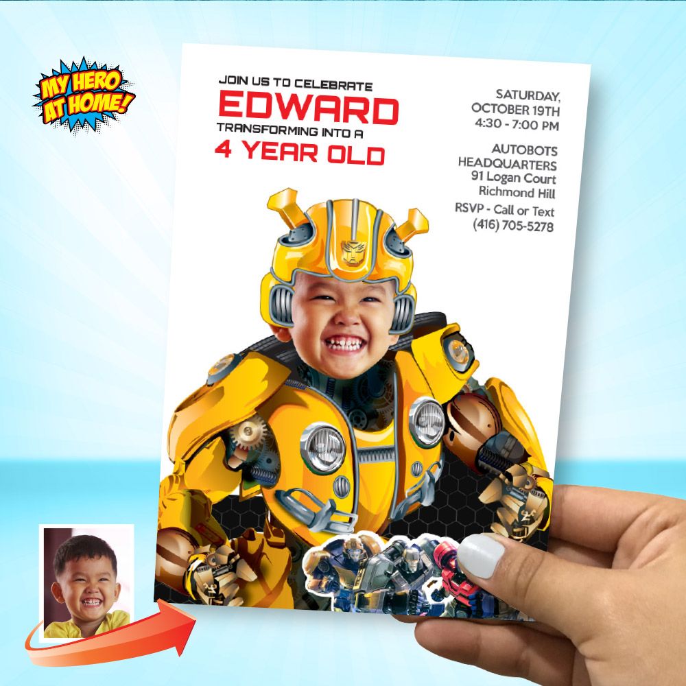 Bumblebee Invitation with photo, Bumblebee Birthday template, Bumblebee party flyer, Bumblebee favor labels. 2029