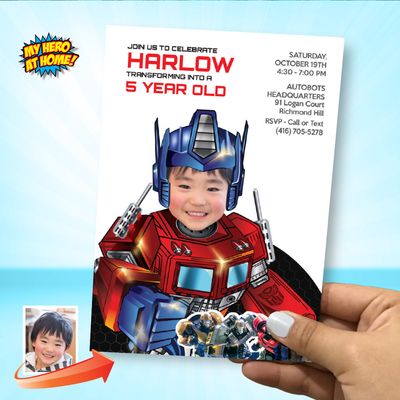 Optimus Prime Invitation with photo, Optimus Prime Birthday ideas, Optimus Prime party ideas, Transformers party ideas. 2030