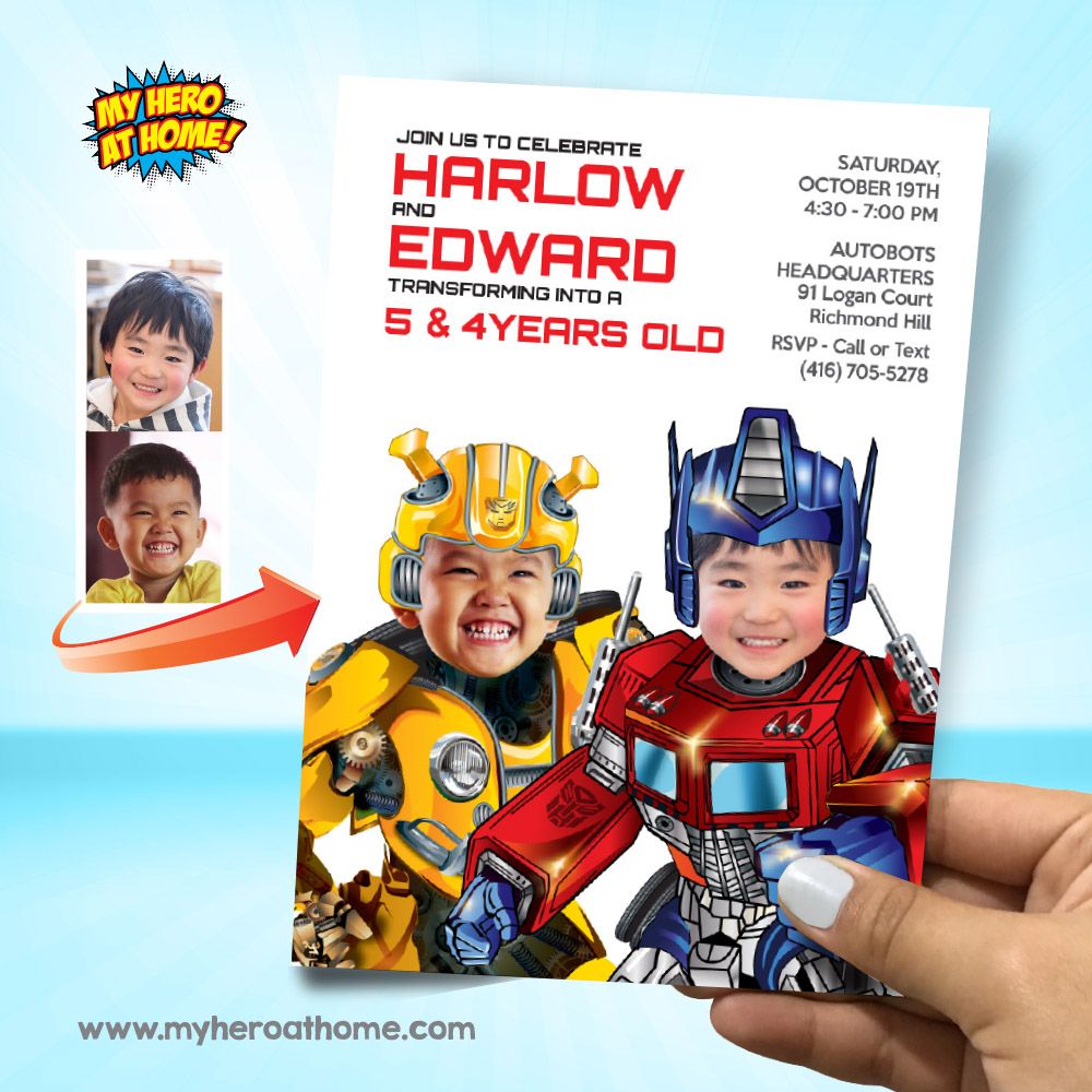 Siblings Transformers Birthday Party Invitation with photos, Autobots siblings birthday invitation, Transformers Twins party invitation. 2031