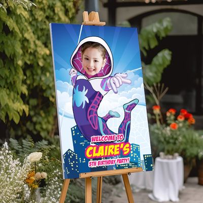 Custom Ghost Spider Welcome sign with photo, Spider Girl welcome party, Spider-Girl Birthday Sign, Gwen Stacy Party Entrance Print. 2039