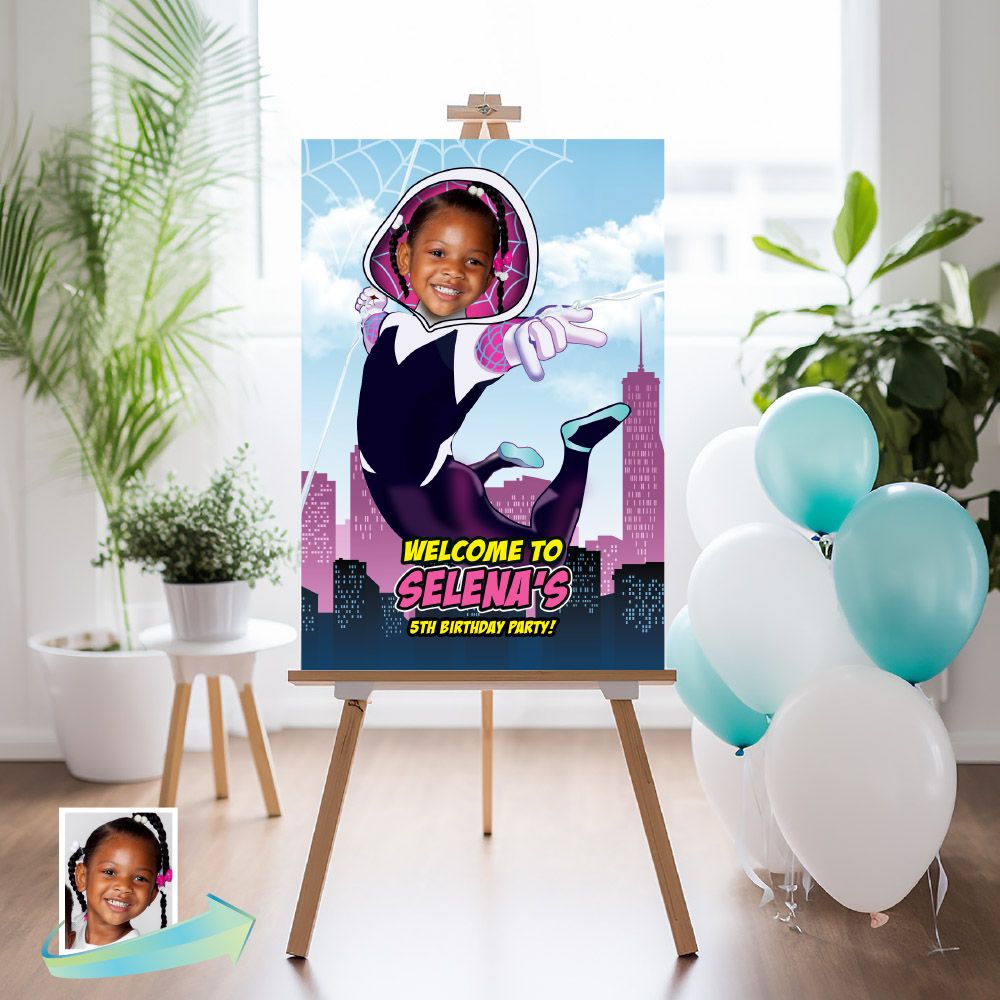 Gwen Stacy Welcome sign with photo, Gwen Stacy welcome party, Spider Girl Birthday Sign, Spider Girl Party Entrance Print. 2038