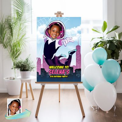 Gwen Stacy Welcome sign with photo, Gwen Stacy welcome party, Spider Girl Birthday Sign, Spider Girl Party Entrance Print. 2038