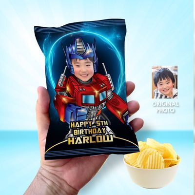Optimus Prime chip bags party favors, Optimus Prime Chip Bag Wrapper, Custom Autobots Chip Bag label, Transformers chip bags. 2042