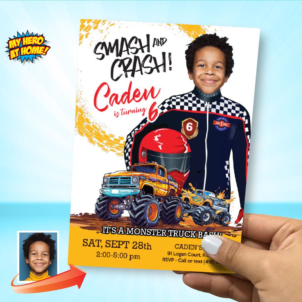 Monster Truck Birthday Party template with photo, Invitacion tema Monster Truck, Monster Truck evite, Monster Truck online Invitation. 2020