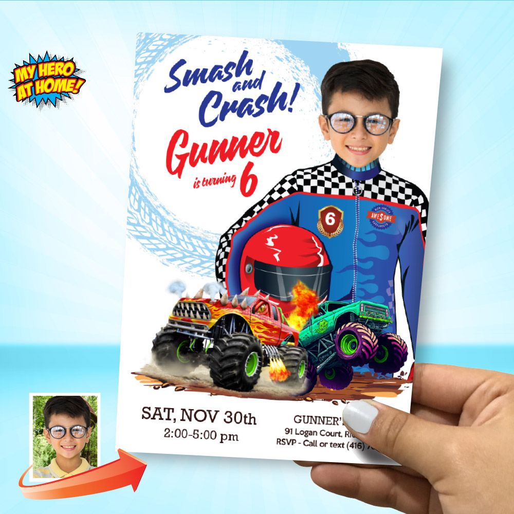 Smash and Crash Birthday Party template with photo, Invitacion de Monster Truck, Monster Truck template, Monster Truck party flyer. 2022