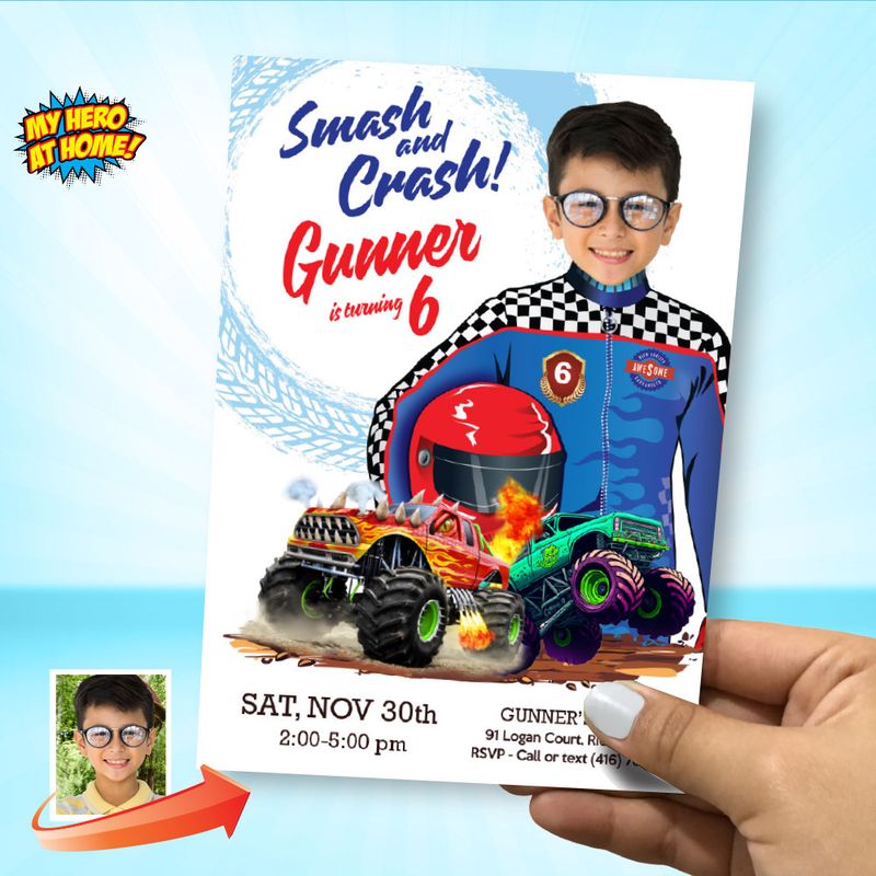 Smash and Crash Birthday Party template with photo, Invitacion de Monster Truck, Monster Truck template, Monster Truck party flyer. 2022