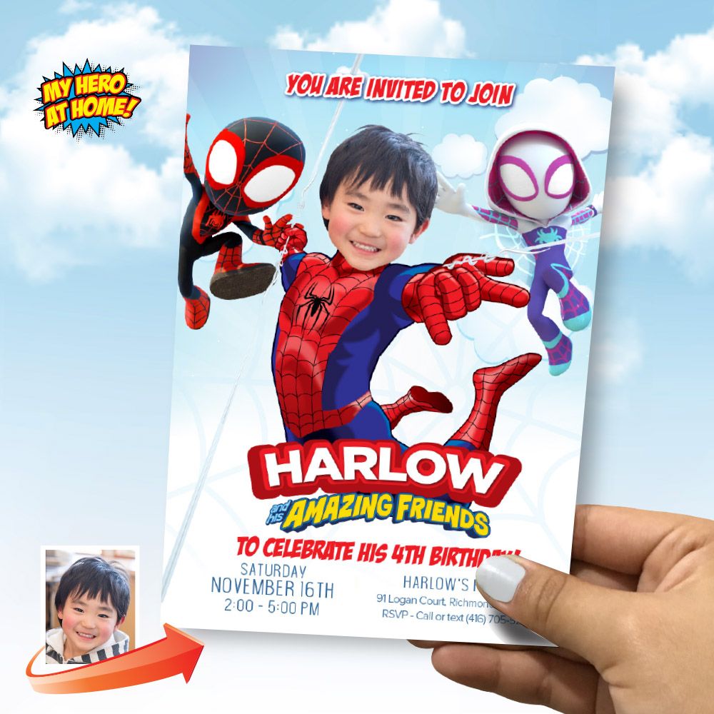 Spidey and his amazing friends birthday party Invitation with photo, Spidey Invitation, Spidey birthday party, Spidey digital Invite. 2048