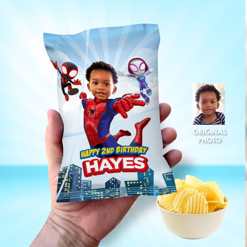 Spidey chip bags party favors, Spidey Chip Bag Wrapper, Custom SpideyChip Bag label, Spidey party decor, DIY chip bags of Spidey. 2051 740CB