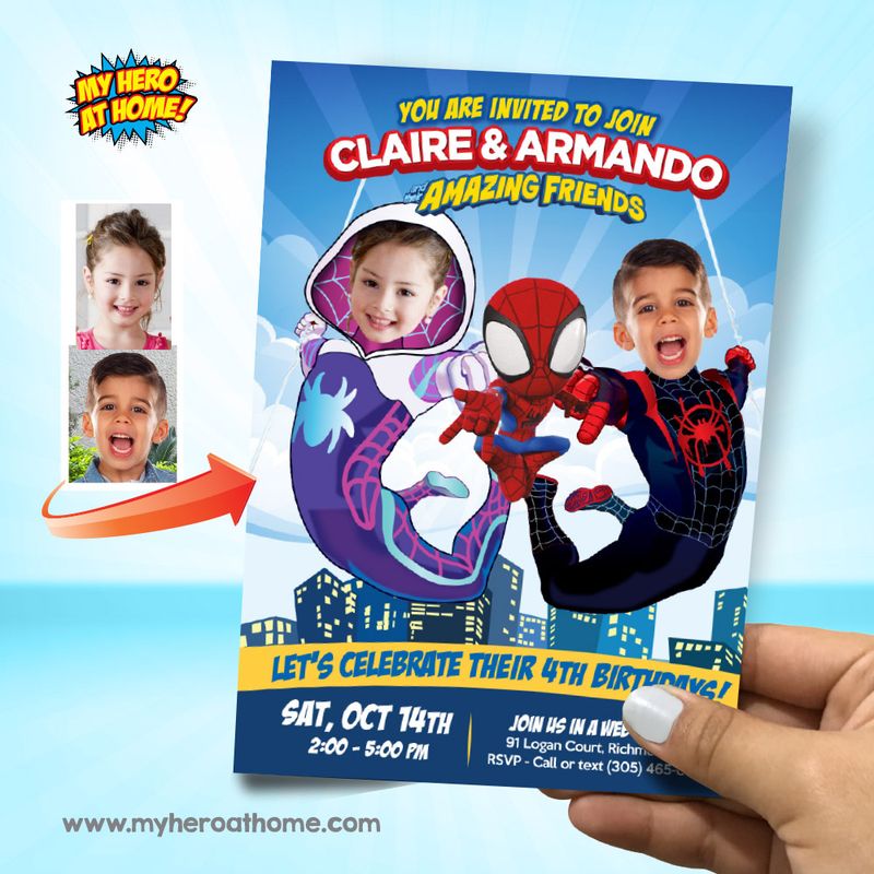 Joint Spidey party Invitation with photos, 2 Spider kids Birthday template, Miles Morales and Gwen Stacy birthday Spidey invitation. 2052