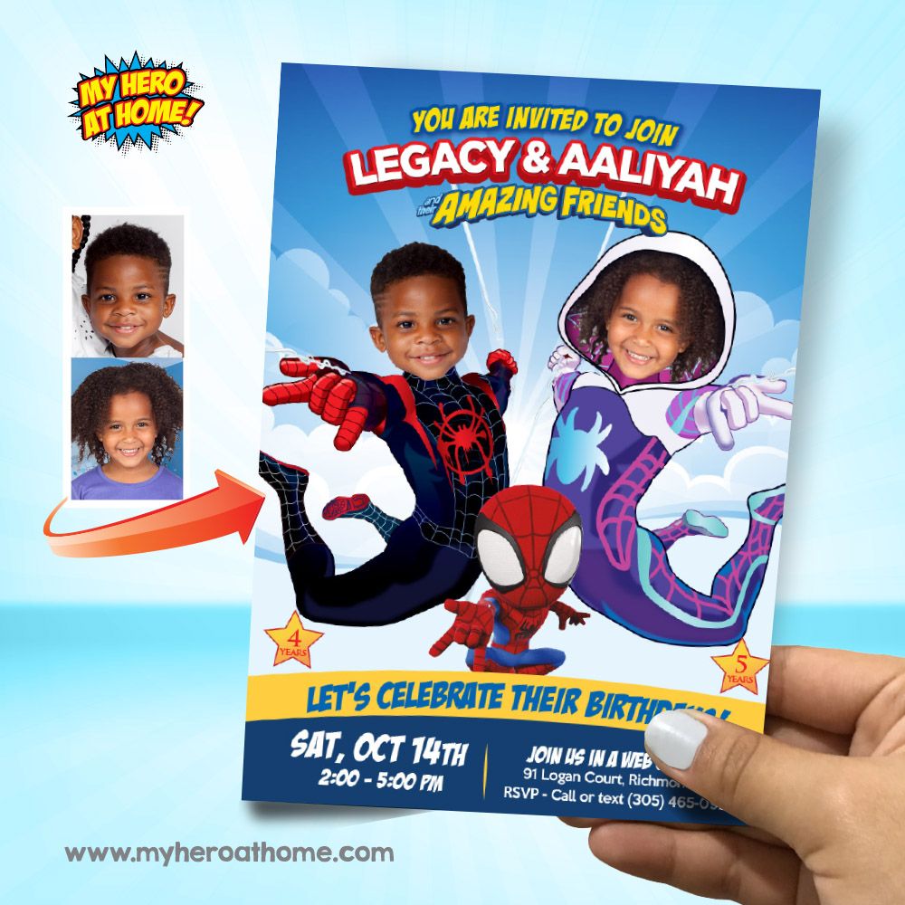 Spidey siblings party Invitation with photos, Two Spider kids party invitation, Miles Morales and Gwen Stacy party template invitation. 2053