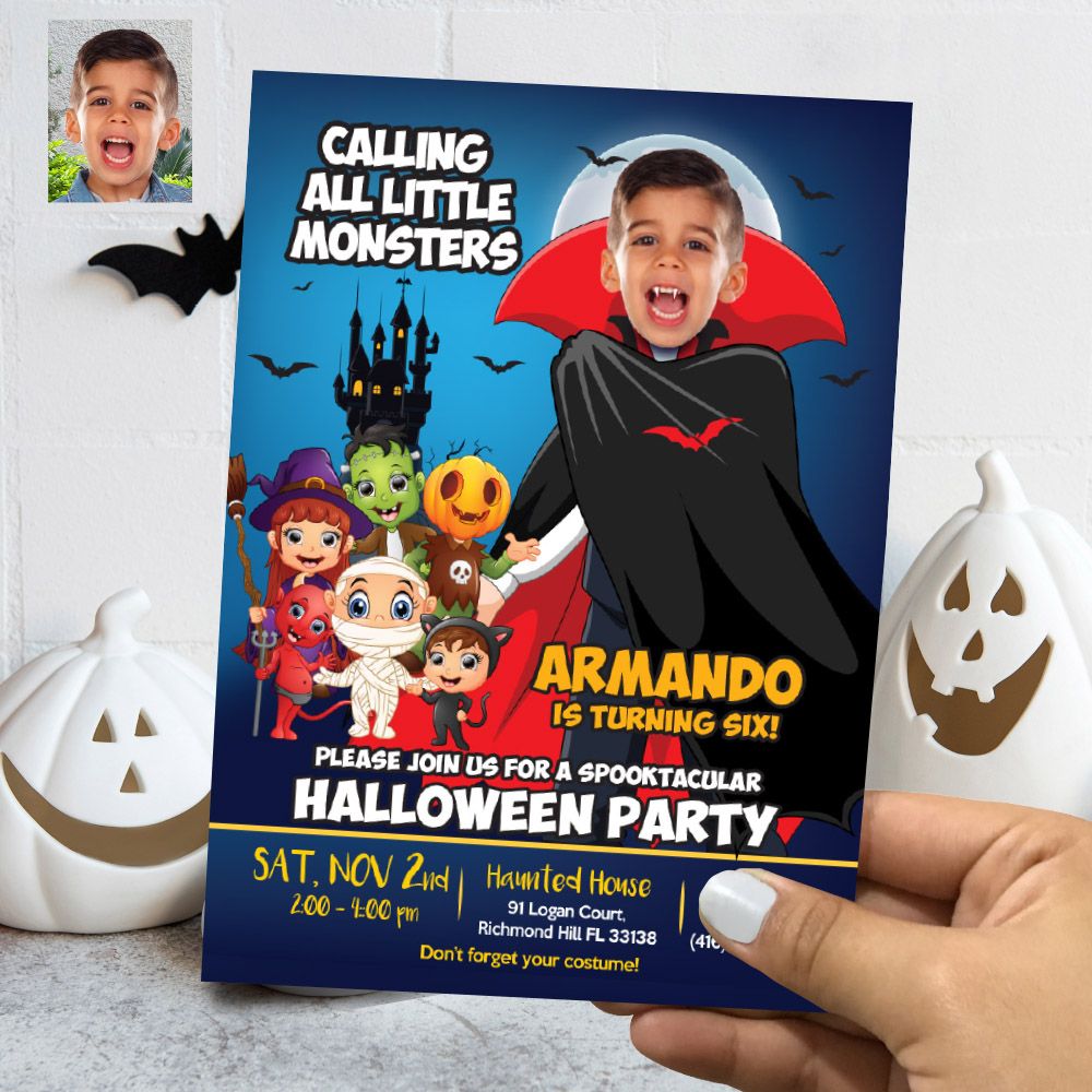 Little Dracula Halloween Invitation with photo, Dracula Halloween Birthday, Dracula Halloween Party, Dracula digital Invitation. 314