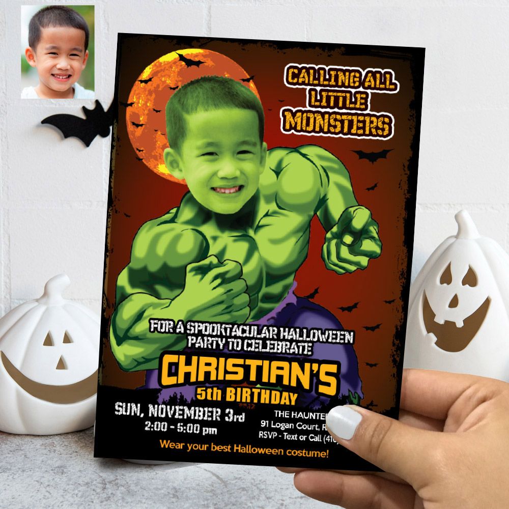 Hulk Halloween Invitation with photo, Hulk Halloween birthday, Halloween thank you tags, Hulk halloween template, Hulk Spooky party. 091