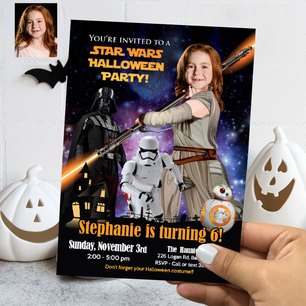 Jedi Rey Halloween Party Invitation, Halloween Jedi Rey invite, Halloween Jedi Rey template invitation, Girl Star Wars Halloween. 033B