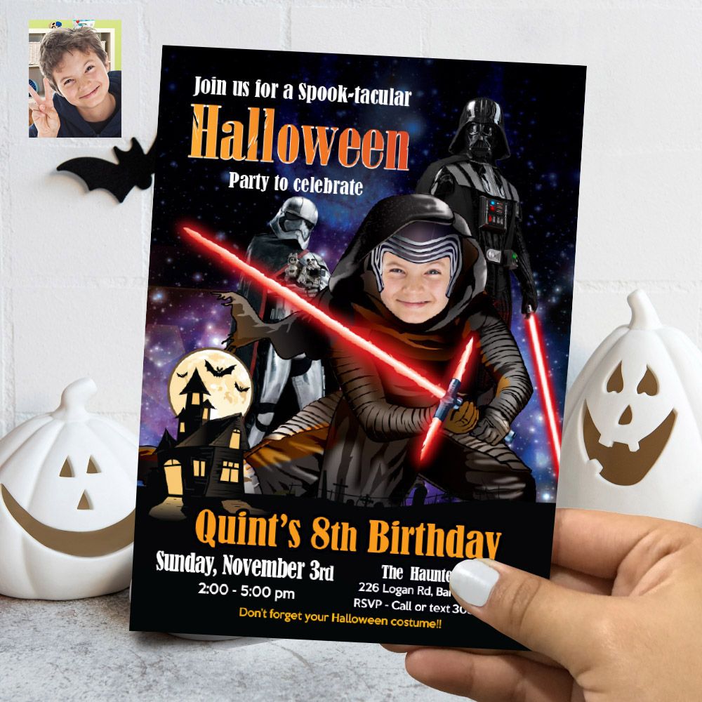 Kylo Ren Halloween Invitation with photo, Halloween Kylo Ren template, Kylo Ren Halloween template, Dark side invitation costume party. 457H