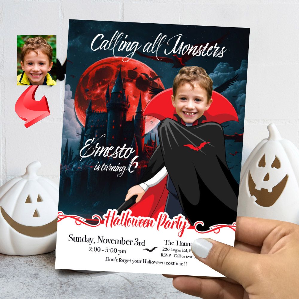 Little Dracula Halloween party Invitation with photo, Calling all Monsters Halloween template, Dracula Halloween birthday party. 2057
