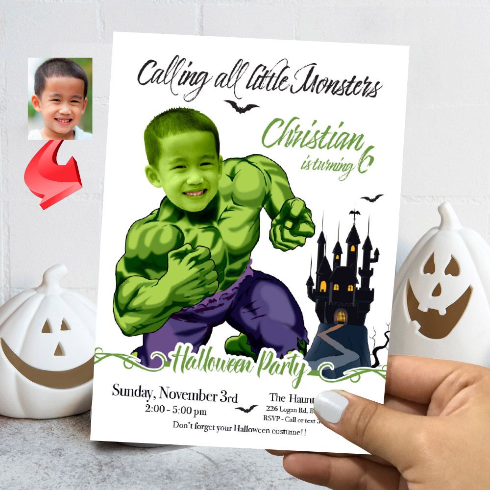 Hulk Halloween birthday Invitation with photo, Hulk Halloween party, Halloween Hulk halloween template, Calling all monsters Hulk flyer 2055