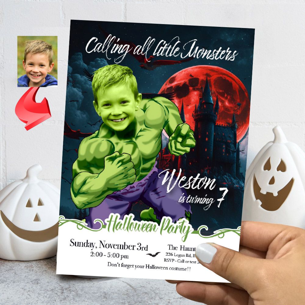 Custom Hulk Halloween birthday Party Invitation with photo, Hulk Halloween flyer, Halloween Hulk evite, Hulk Calling all monsters. 2059