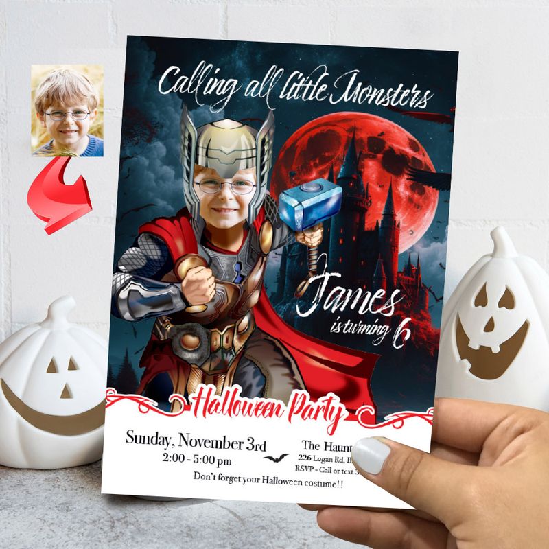 Thor Halloween birthday Invitation with photo, Thor Halloween party, Halloween Thor halloween template, Calling all monsters Thor flyer. 2061