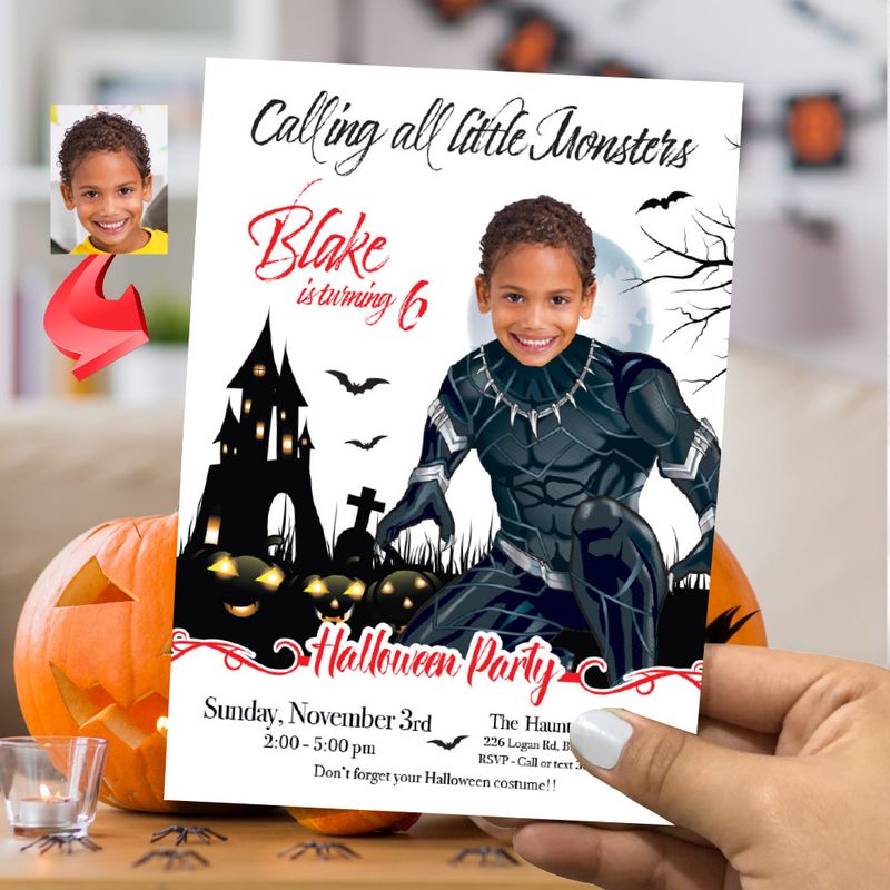 Black Panther Halloween birthday Invitation with photo, Black Panther Halloween party, Halloween Wakanda halloween template. 2062