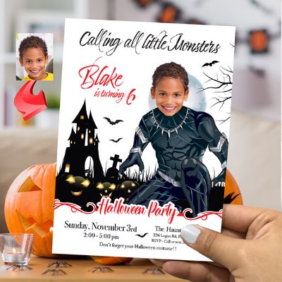 Black Panther Halloween birthday Invitation with photo, Black Panther Halloween party, Halloween Wakanda halloween template. 2062