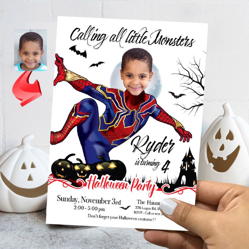 Spiderman Halloween birthday Invitation, Halloween Spiderman template, Spiderman invitation for Halloween party, Spooky Spiderkid flyer. 2065