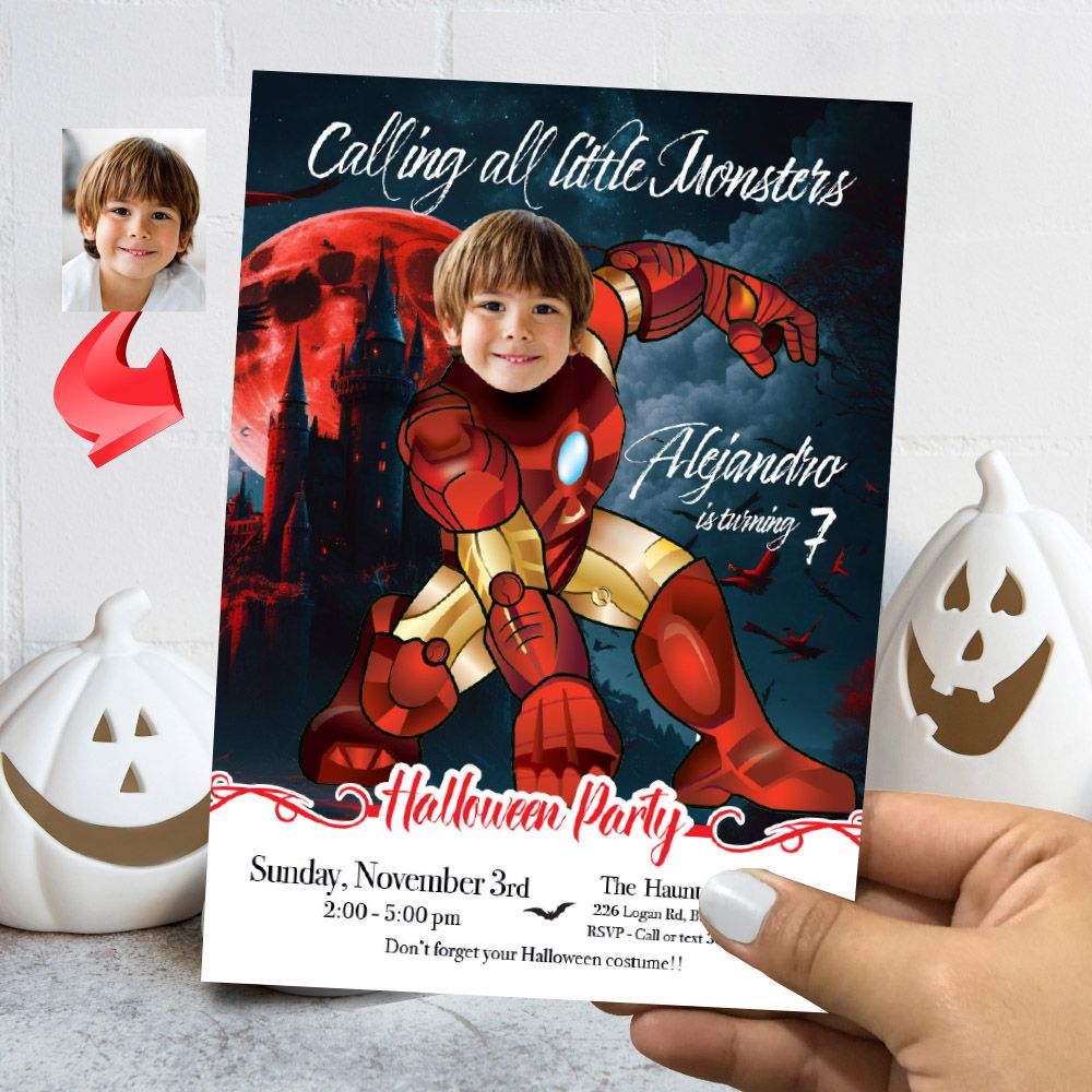 Ironman Halloween birthday Invitation, Halloween Ironman template, Ironman invitation for Halloween party, Spooky Iron Man flyer. 2066