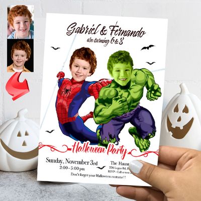 Joint Hulk Spiderman Halloween birthday Invitation, Hulk and Spiderman Halloween party, Halloween Siblings party invitation. 2067