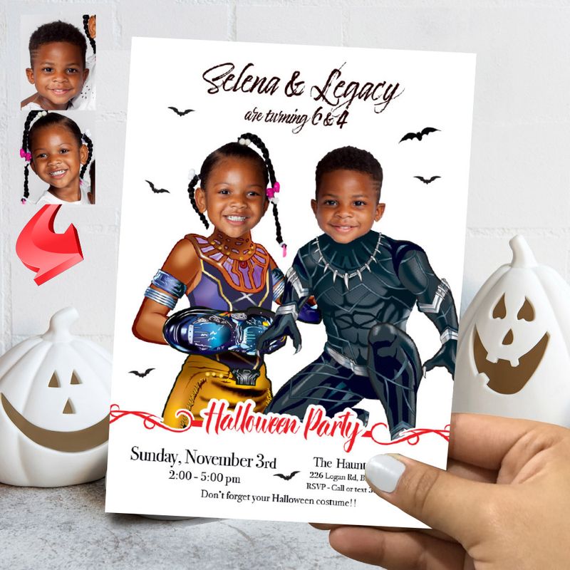 Joint Black Panther and Shuri Halloween birthday Invitation, Halloween Black Panther and Shuri invite, Siblings Black Panther Shuri. 2068