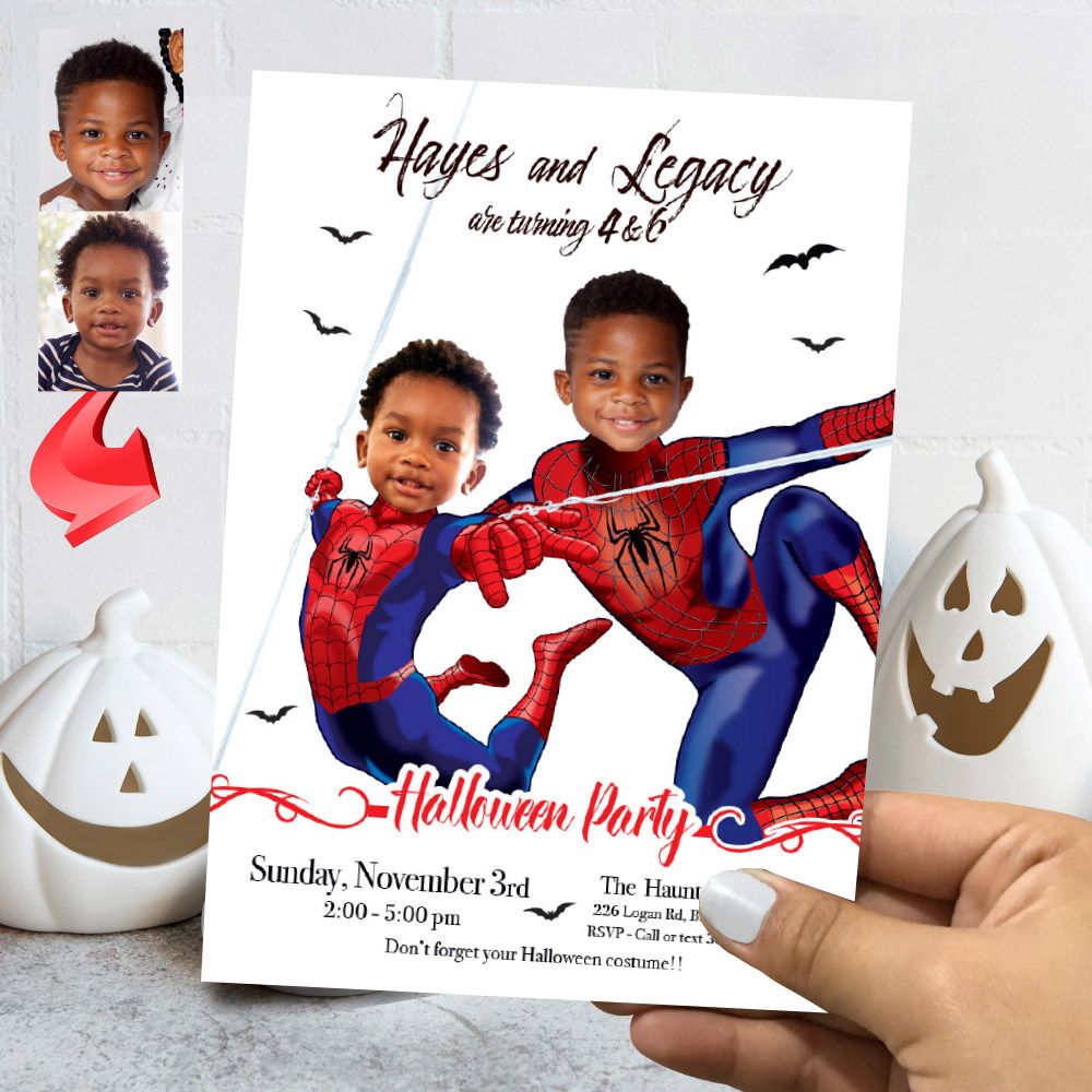 Joint Spiderman Halloween birthday Invitation, Spiderman Joint Halloween party invite, Halloween Spiderman Siblings party invitation. 2069