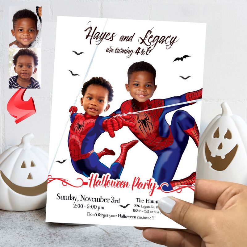 Joint Spiderman Halloween birthday Invitation, Spiderman Joint Halloween party invite, Halloween Spiderman Siblings party invitation. 2069