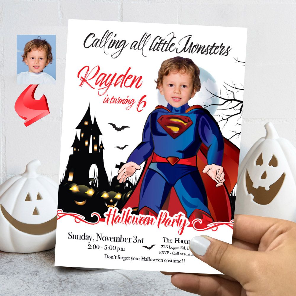 Superman Halloween birthday Invitation, Halloween Superman template, Superman invitation for Halloween party, Spooky Superman flyer. 2072