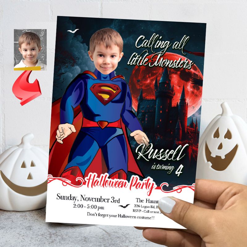 Superman Halloween birthday party template, Halloween Superman invite, Superman invitation for Halloween party, Spooky Superman evite. 2073