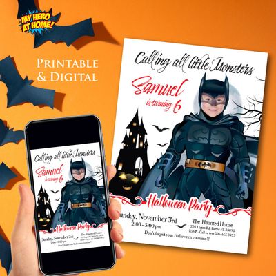 Batman Halloween birthday Invitation, Halloween Batman template, Batman invitation for Halloween party, Spooky Batman flyer. 2074