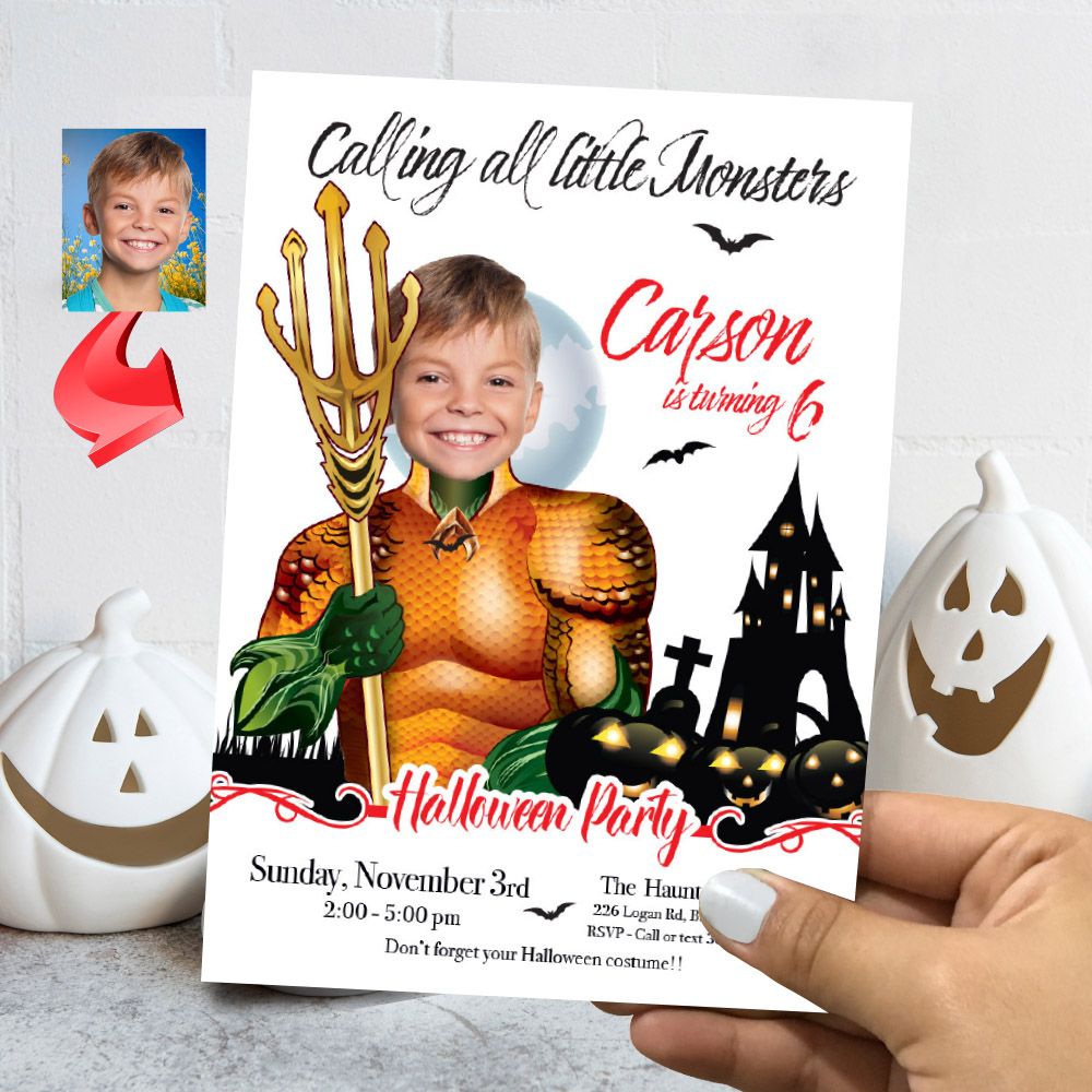 Aquaman Halloween birthday Invitation, Halloween Aquaman template, Aquaman invitation for Halloween party, Spooky Aquaman flyer. 2076