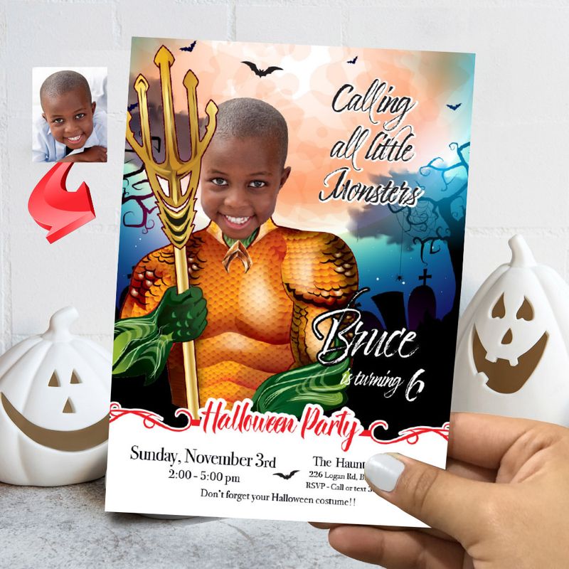 Aquaman Halloween birthday party template, Halloween Aquaman invite, Aquaman invitation for Halloween party, Spooky Aquaman evite. 2077