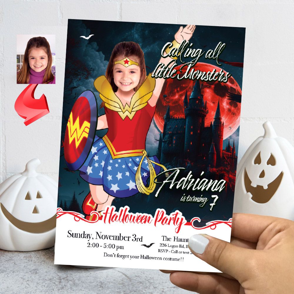 Wonder Woman Halloween birthday Invitation, Halloween Wonder Woman template, Wonder Woman invitation for Halloween party. 2078