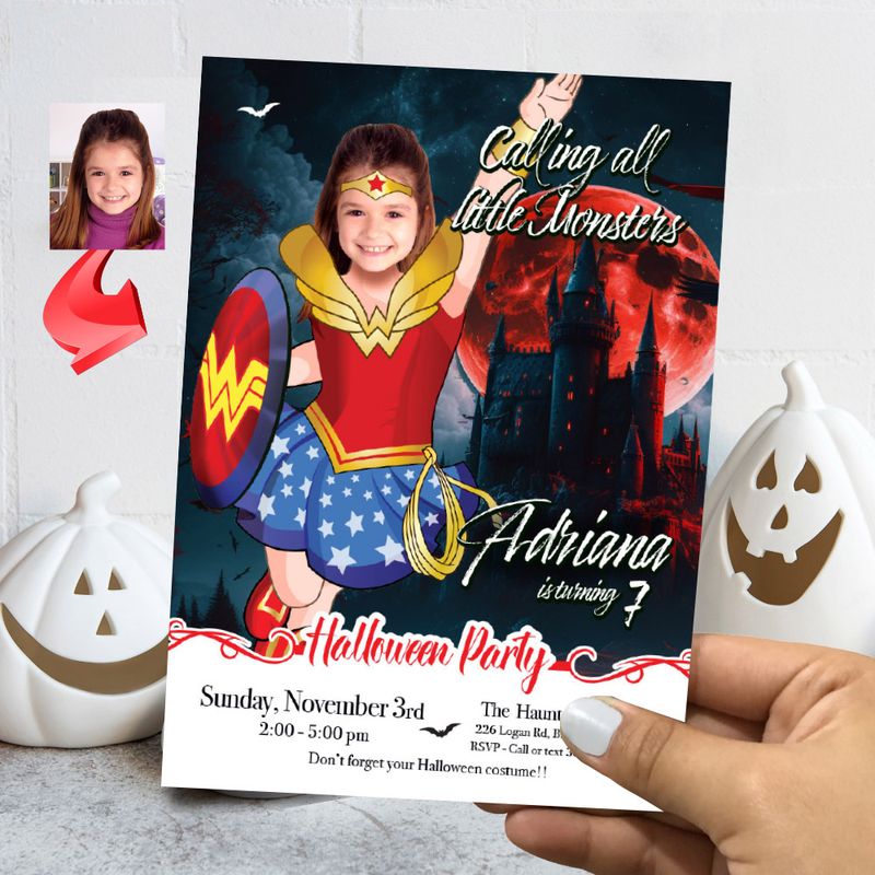 Wonder Woman Halloween birthday Invitation, Halloween Wonder Woman template, Wonder Woman invitation for Halloween party. 2078