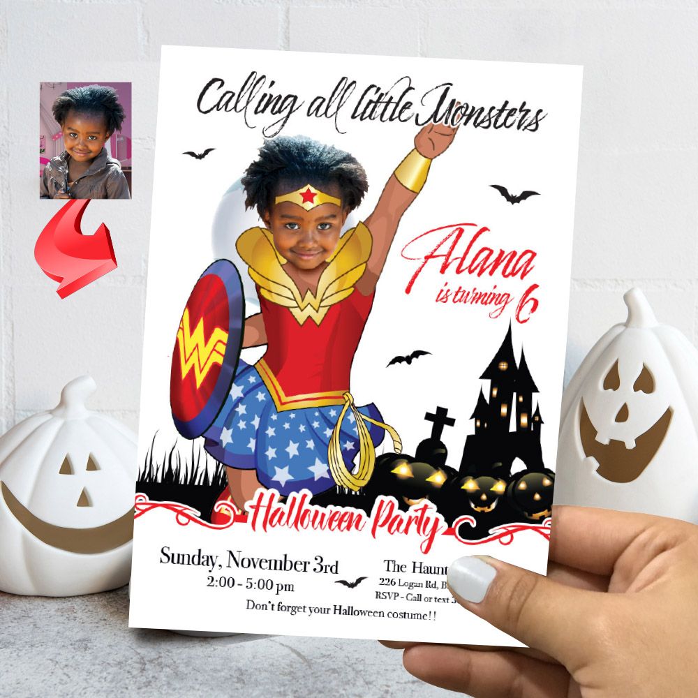 Wonder Girl Halloween birthday party template, Halloween Wonder Woman invite, Wonder Girl invitation for Halloween party, Spooky Wonder Woman evite. 2079