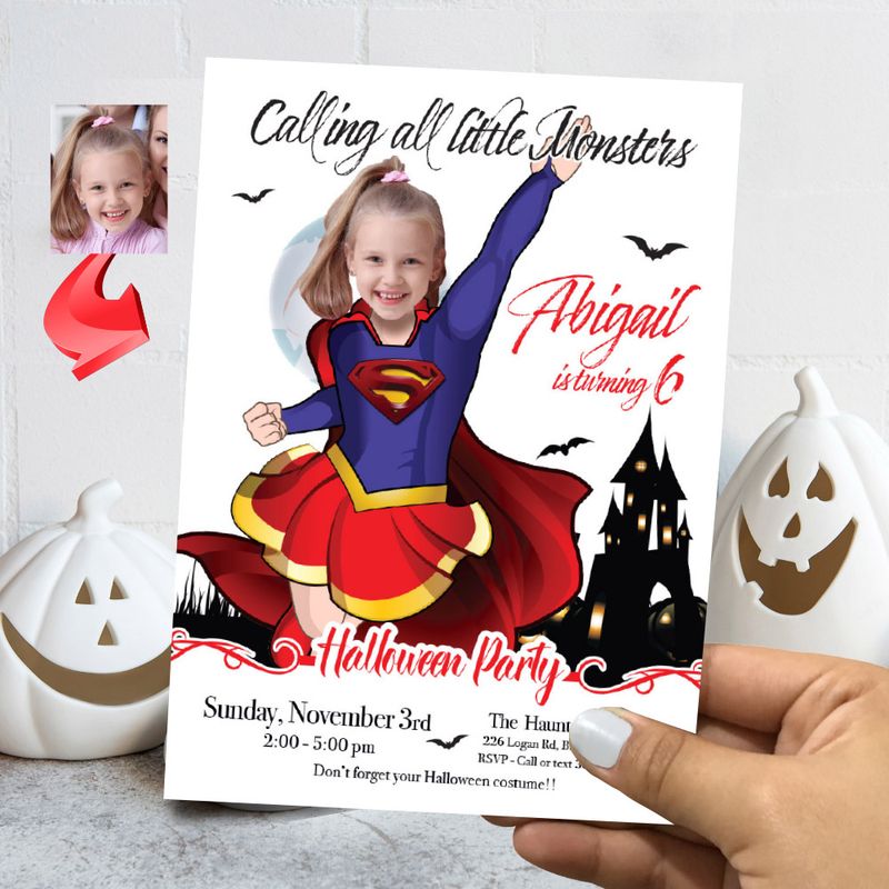 Supergirl Halloween birthday Invitation, Halloween Supergirl template, Supergirl invitation for Halloween party, Spooky Supergirl flyer. 2080