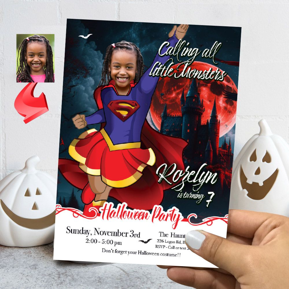 Super girl Halloween birthday party template, Halloween Super girl invite, Super girl invitation for Halloween party, Spooky Supergirl evite. 2081