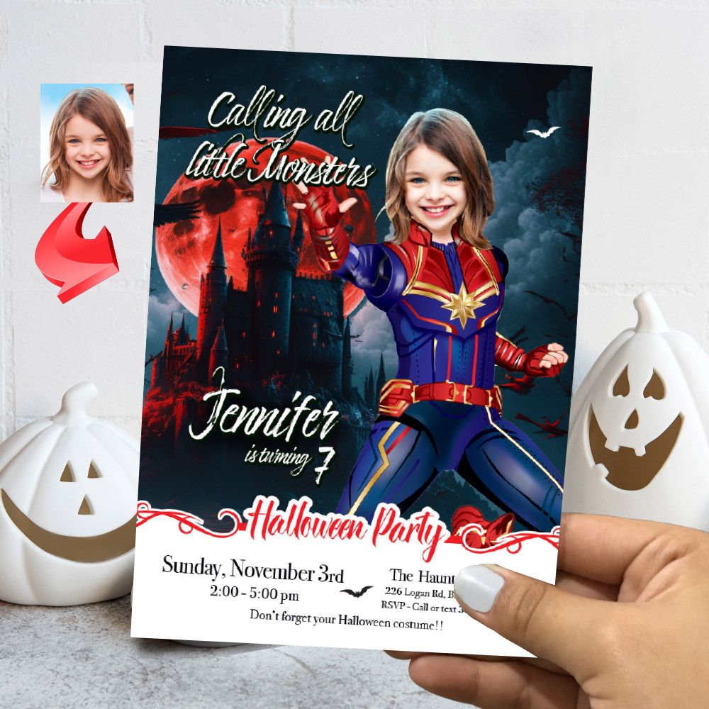 Captain Marvel Halloween birthday Invitation, Halloween Captain Marvel template, Captain Marvel invitation for Halloween party. 2082