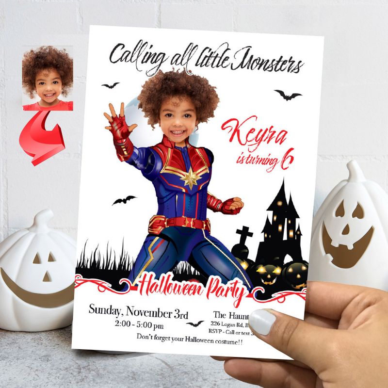 Capt Marvel Halloween birthday party template, Halloween Capt Marvel invite, Capt Marvel invitation for Halloween party. 2083